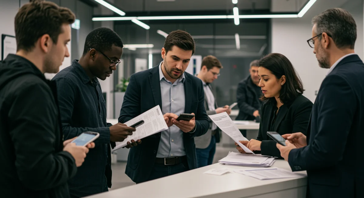 Grupo de pessoas analisando critérios para Seguro-Desemprego em ambiente de atendimento.